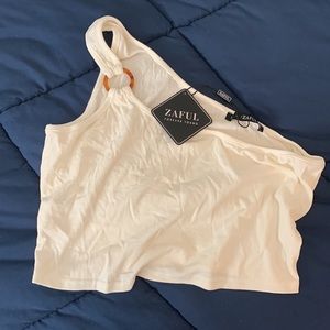 New with tags Zaful off-white one shoulder crop top with brown tortoise ring